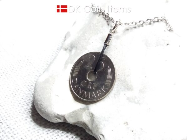 1977 coin pendant necklace. 47 year old Danish 25 ore with M initial as coin charm on cowhide string