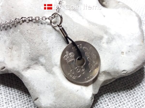 1977 coin pendant necklace. 47 year old Danish 25 ore with M initial as coin charm on cowhide string