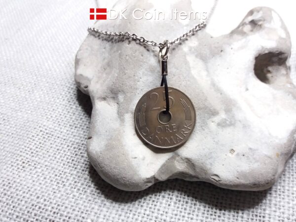 1977 coin pendant necklace. 47 year old Danish 25 ore with M initial as coin charm on cowhide string