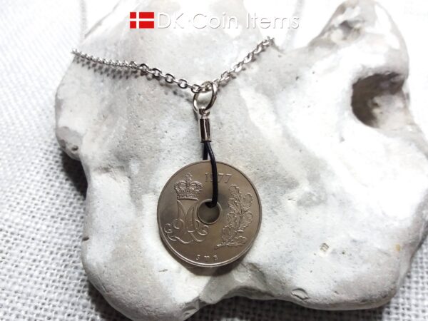 1977 coin pendant necklace. 47 year old Danish 25 ore with M initial as coin charm on cowhide string