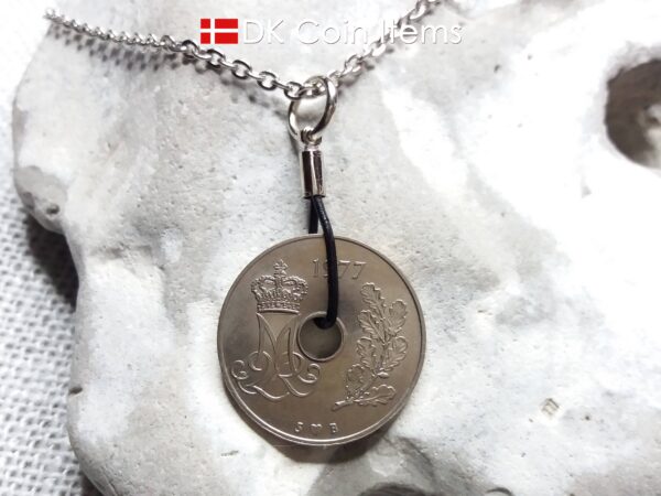 1977 coin pendant necklace. 47 year old Danish 25 ore with M initial as coin charm on cowhide string