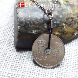 1977 coin pendant necklace. 47 year old Danish 25 ore with M initial as coin charm on cowhide string