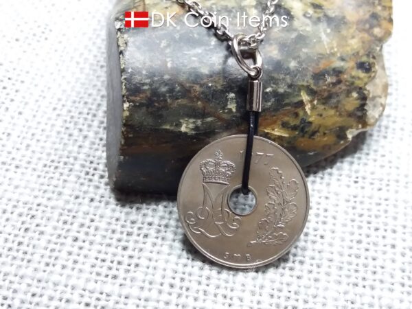 1977 coin pendant necklace. 47 year old Danish 25 ore with M initial as coin charm on cowhide string