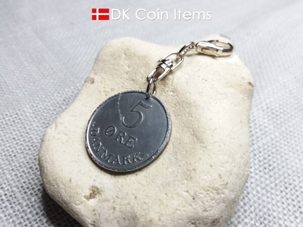 1961 coin charm with 63 year old Danish Crown R-initial 5 ore as pendant on swivel and lobster claw