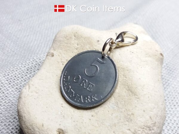 1961 coin charm with 63 year old Danish Crown R-initial 5 ore as pendant on lobster claw