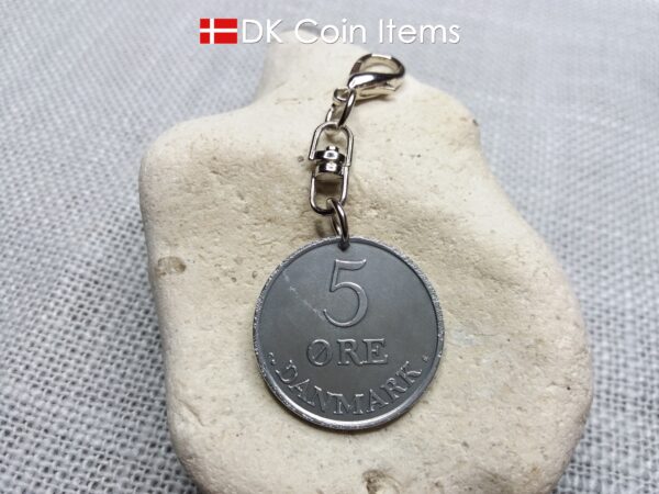 1961 coin charm with 63 year old Danish Crown R-initial 5 ore as pendant on swivel and lobster claw