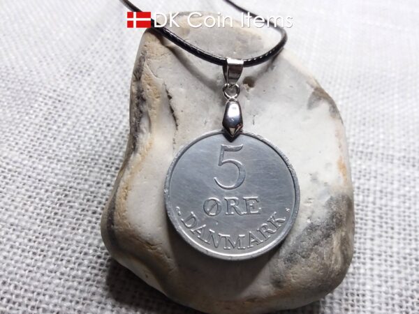 1961 coin necklace with 63 year old Danish Crown R-initial 5 ore as pendant on pinch bail