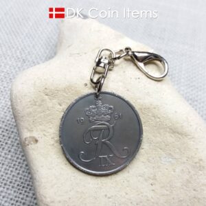 1961 coin charm with 63 year old Danish Crown R-initial 5 ore as pendant on swivel and lobster claw