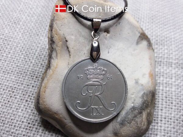 1961 coin necklace with 63 year old Danish Crown R-initial 5 ore as pendant on pinch bail