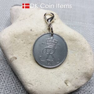 1961 coin charm with 63 year old Danish Crown R-initial 5 ore as pendant on lobster claw