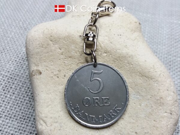 1961 coin charm with 63 year old Danish Crown R-initial 5 ore as pendant on swivel and lobster claw