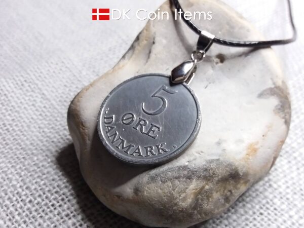 1961 coin necklace with 63 year old Danish Crown R-initial 5 ore as pendant on pinch bail