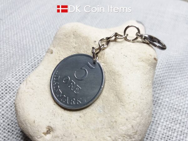 1962 coin charm with 62 year old Danish Crown R-initial 5 ore as pendant on chain and lobster claw