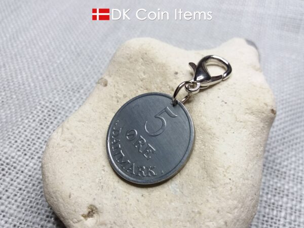 1962 coin charm with 62 year old Danish Crown R-initial 5 ore as pendant on lobster claw