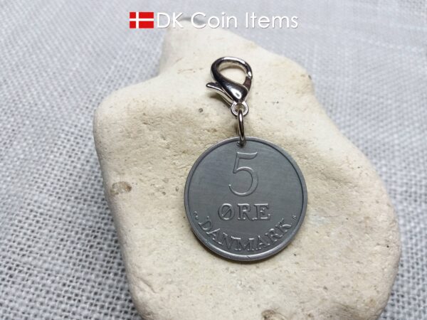 1962 coin charm with 62 year old Danish Crown R-initial 5 ore as pendant on lobster claw