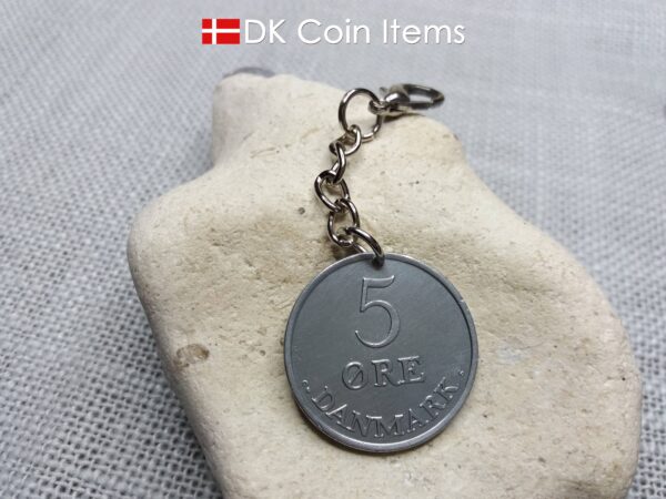 1962 coin charm with 62 year old Danish Crown R-initial 5 ore as pendant on chain and lobster claw