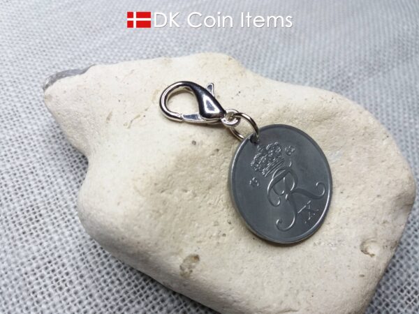 1962 coin charm with 62 year old Danish Crown R-initial 5 ore as pendant on lobster claw