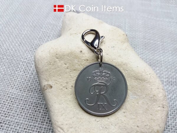 1962 coin charm with 62 year old Danish Crown R-initial 5 ore as pendant on lobster claw