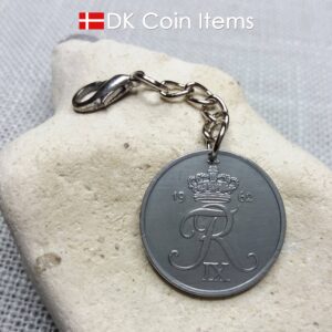 1962 coin charm with 62 year old Danish Crown R-initial 5 ore as pendant on chain and lobster claw