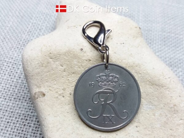 1962 coin charm with 62 year old Danish Crown R-initial 5 ore as pendant on lobster claw