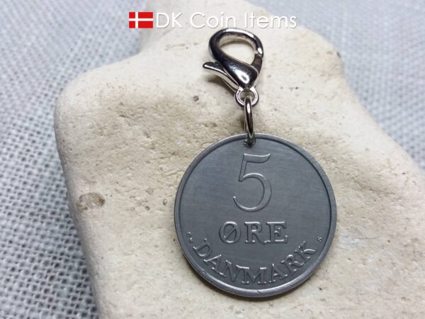 1962 coin charm with 62 year old Danish Crown R-initial 5 ore as pendant on lobster claw