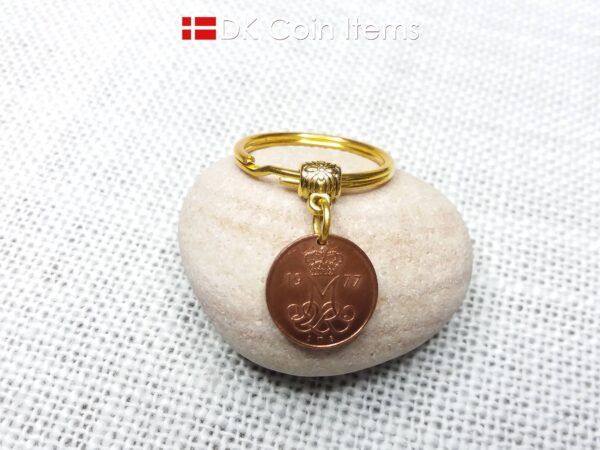 Denmark 1977 M-initial coin keychain with 47 year old 5 ore coin pendant. DKCoinItems