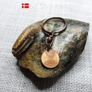 Denmark 1973 initial M coin keychain with 51 year old 5 ore coin pendant.