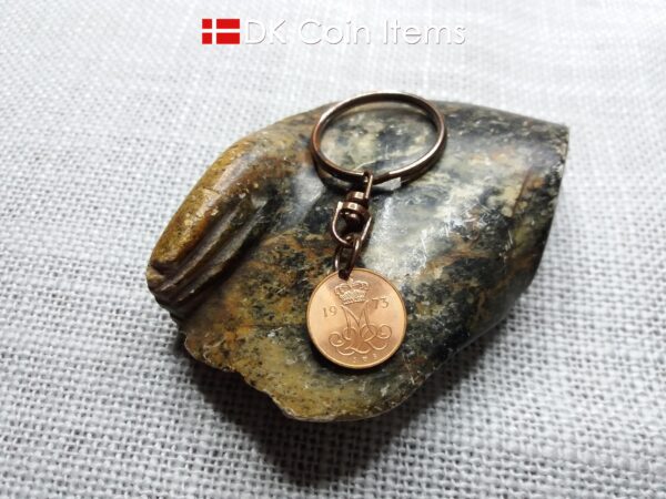 Denmark 1973 initial M coin keychain with 51 year old 5 ore coin pendant.