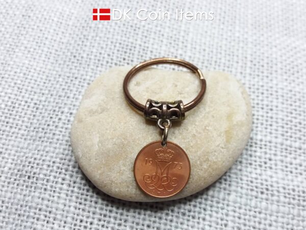 Denmark 1973 coin keychain with 51 year old M-initial 5 ore coin pendant.