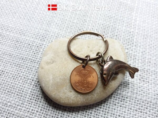 Denmark 1973 coin keychain. Vintage 51 year old M-initial 5 ore coin pendant.