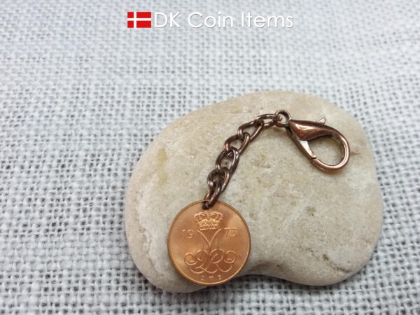 Denmark coin charm. 51 year old M initial 5 ore 1973 coin pendant.