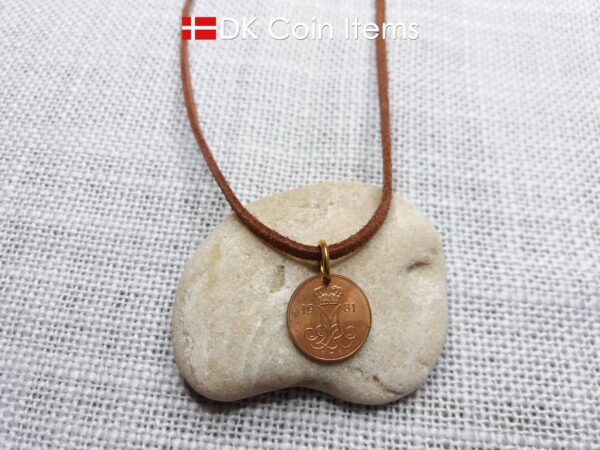 Denmark 1981 initial M coin pendant necklace with 43 year old Danish 5 ore coin.