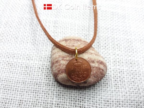 Denmark 1980 initial M coin pendant necklace with 42 year old Danish 5 ore coin.