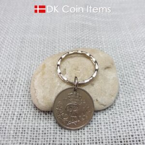 Denmark 1952 coin keychain. 72 year old Crown R-initial coin pendant. Danish vintage 25 ore coin on pattern steel keyring.