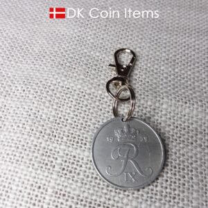 Denmark 1959 coin charm. 65 year old 5 ore coin pendant with R initial.