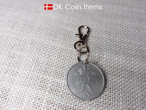 Denmark 1959 coin charm. 65 year old 5 ore coin pendant with R initial.