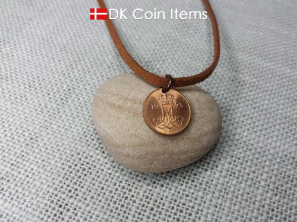 Denmark 1973 M-initial coin necklace with 51 year old 5 ore coin pendant. DKCoinItems