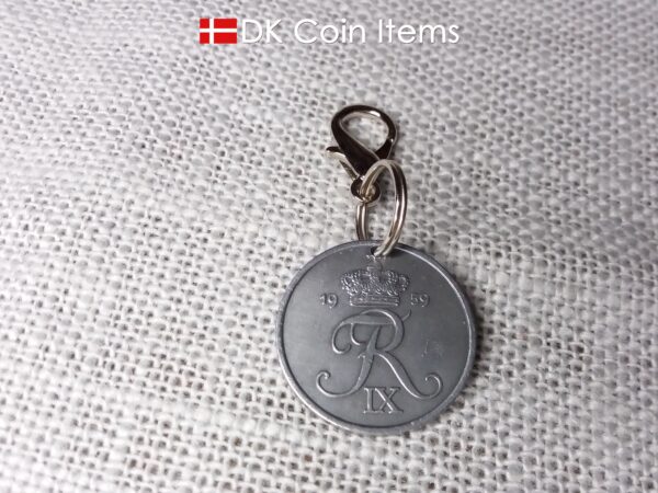 Denmark 1959 coin charm. 65 year old R initial 5 ore coin pendant.