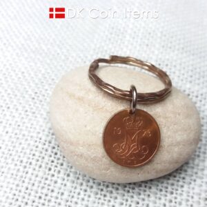 Denmark 1973 M-initial coin keychain with 51 year old 5 ore coin pendant