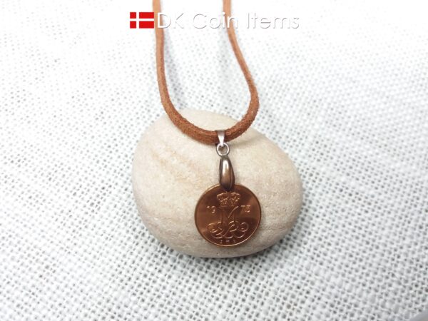 Denmark 1973 M-initial coin necklace with 51 year old 5 ore coin pendant. DKCoinItems