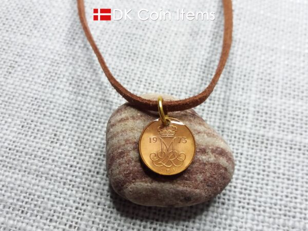 Denmark 1973 M-initial coin necklace with 51 year old 5 ore coin pendant. DKCoinItems