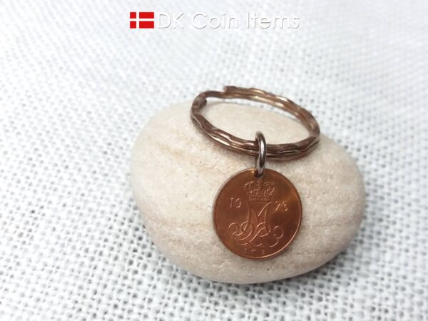 Denmark 1973 M-initial coin keychain with 51 year old 5 ore coin pendant