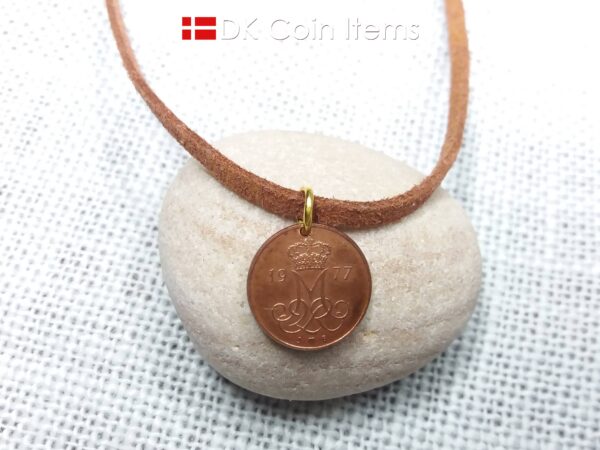 Denmark 1977 M-initial coin necklace with 47 year old 5 ore coin pendant. DKCoinItems