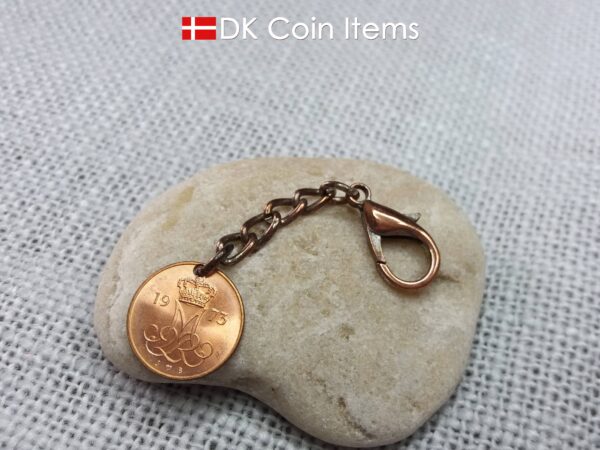 Denmark coin charm. 51 year old M initial 5 ore 1973 coin pendant.