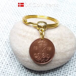 Denmark 1977 M-initial coin keychain with 47 year old 5 ore coin pendant. DKCoinItems