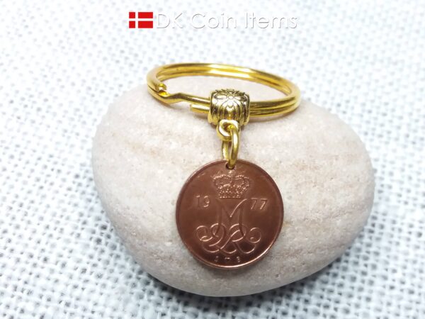 Denmark 1977 M-initial coin keychain with 47 year old 5 ore coin pendant. DKCoinItems