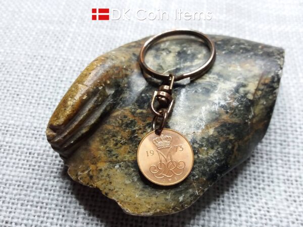 Denmark 1973 initial M coin keychain with 51 year old 5 ore coin pendant.