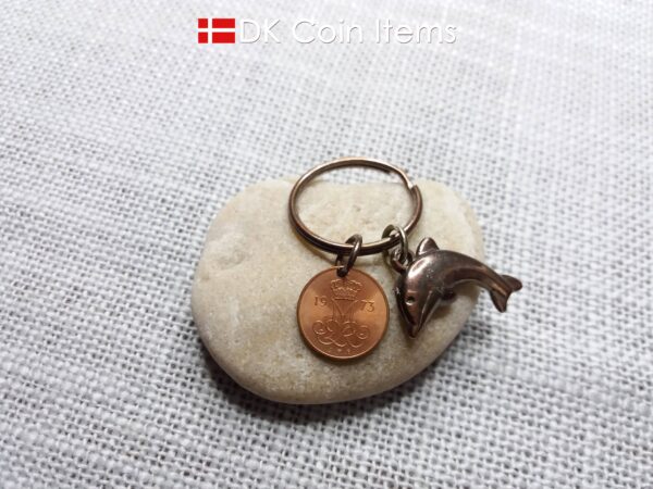 Denmark 1973 coin keychain. Vintage 51 year old M-initial 5 ore coin pendant.