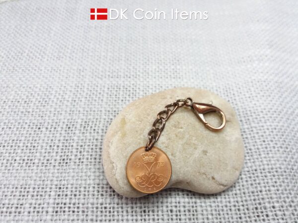 Denmark coin charm. 51 year old M initial 5 ore 1973 coin pendant.