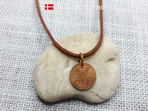 Denmark 1981 initial M coin pendant necklace with 43 year old Danish 5 ore coin.